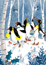 Kerstkaart met pinguïns muzikanten 