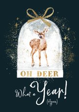 Kerstkaart 'Oh deer, what a year' hert illustratie sneeuwbol