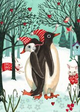 Kerstkaart Penguins in het bos