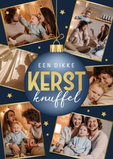 Kerstkaart persoonlijk fotocollage goud sterren kerstbal 