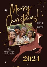Kerstkaart rendier hert foto goud sterren merry christmas