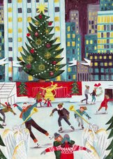 Kerstkaart Rockefeller center New York schaatsen op ijs