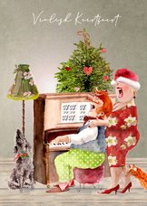 Kerstkaart Samen zingend achter de piano