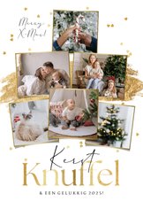 Kerstkaart stijlvol kerstknuffel goud hartjesconfetti