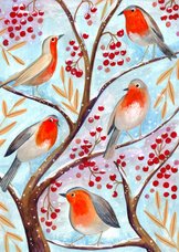 Kerstkaart vogel illustratie in een boom met besjes