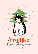 Kerstkaart vrolijke kerstdagen illustratie kat goud sterren