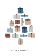 Kerstkaartje van cadeautjes gemaakte kerstboom blauwtinten