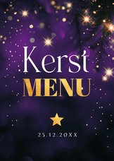 Kerstmenukaart paars lichtjes sterren goudlook