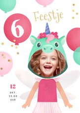 Kinderfeestje uitnodiging unicorn eenhoon ballonnen confetti