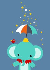 Kinderkaart - Olifantje met paraplu en sterren