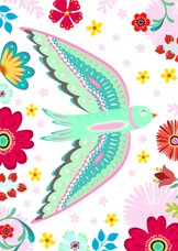 Kleurrijke dierenkaart met vogel en bloemen