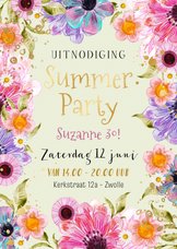 Kleurrijke uitnodiging Summer Party bloemen watercolor goud