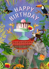 Kleurrijke verjaardagskaart met olifant met taart