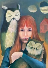 Kunstkaart portret met uilen