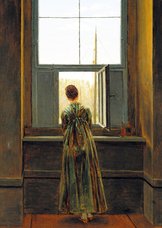 Kunstkaart van Friedrich. Vrouw bij het raam