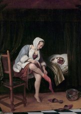 Kunstkaart van Jan Steen. Vrouw maakt haar toilet