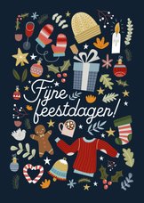 Leuke kerstkaart met vrolijke illustraties en typografie