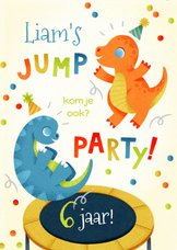 Leuke kinderfeestjekaart jump party met dino's en confetti