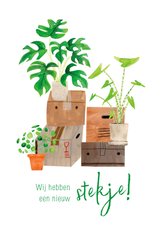 Leuke verhuiskaart nieuwe stekje groene planten verhuisdozen