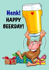 Leuke verjaardagskaart met aap en een biertje voor de jarige