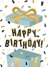 Leuke verjaardagskaart met cadeau, confetti en typografie