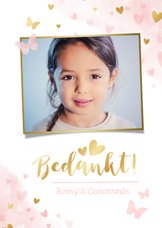 Lief bedankkaartje voor een meisjes communie vlinders hartje
