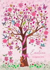 Lief geboortekaartje boom roze meisje vogels en bloemen