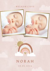 Lief geboortekaartje met foto's, regenboog en wolkjes