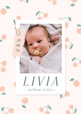 Lief geboortekaartje met patroontje van kersjes en foto