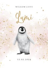 Lief geboortekaartje watercolor pinguïn goud sterren