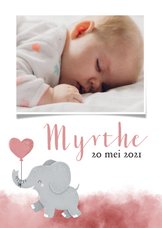 Lief geboortekeaartje met olifantje en roze waterverf