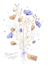 Liefs wenskaart boeket wilde heidebloemen lila-oker met lint