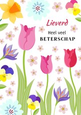 Lieve beterschapskaart met bloemen en bijen