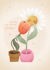 Lieve beterschapskaart met verdrietige bloemen en hartjes