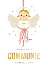 Lieve communie uitnodiging meisje - met engel gelukspoppetje