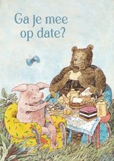 Lieve kaart van een varken en beer op een picknick