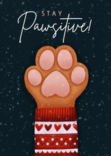 Lieve kerstkaart Stay Pawsitive met hondenpootje & kersttrui