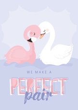 Lieve valentijnskaart met zwaan en flamingo