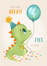 Lieve verjaardagskaart met dino ballon en confetti