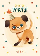 Lieve verjaardagskaart met hondje, confetti en feesthoedje