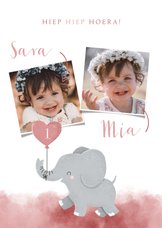 Lieve verjaardagskaart voor tweeling meisjes met olifantje