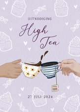 Lila uitnodiging voor een high tea met theekopjes