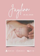 Minimalistisch roze geboortekaartje meisje met foto en naam