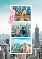 Moderne vakantiekaart met fotocollage roze label New York