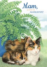 Moederdagkaart met kitten en moeder bij een plant