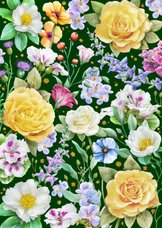 Mooie bloemenkaart met gele rozen en diverse andere bloemen