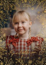 Mooie fotokaart met kerst takjes en sterren in goudlook