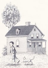 Mooie kaart van een jongen met kat voor een huis