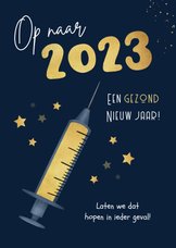 Nieuwjaarskaart 2023 corona vaccin sterren gezond goud