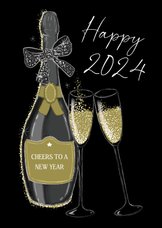 Nieuwjaarskaart champagnefles en glazen